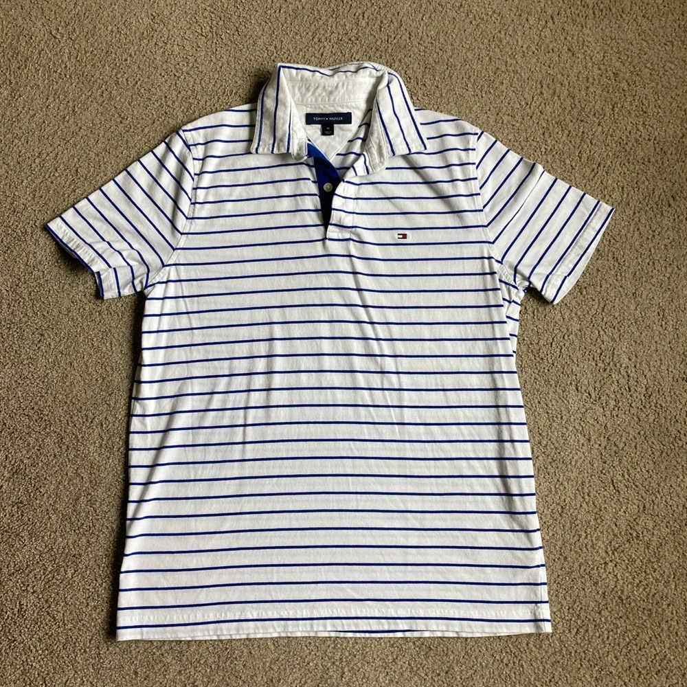 Tommy Hilfiger White and Blue Striped Logo Polo